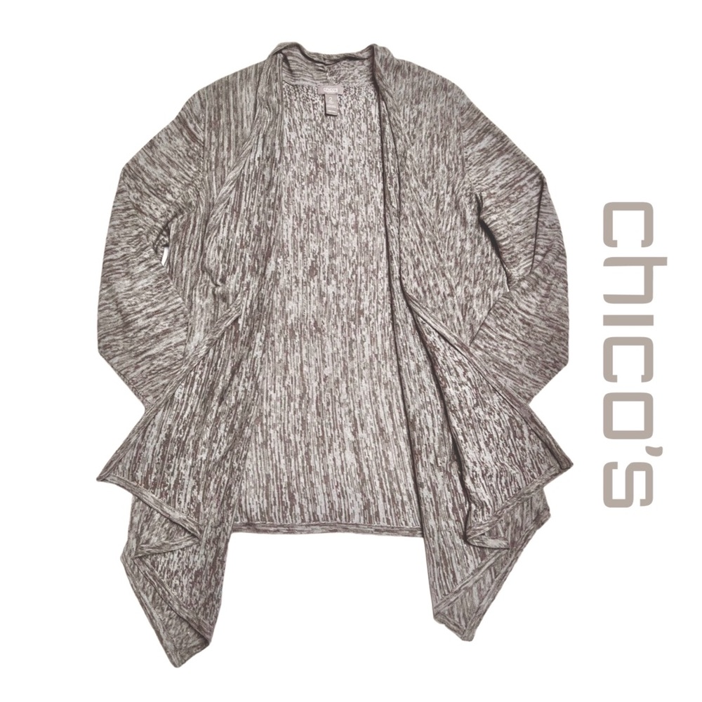 Chico’s Open Front Cardigan Sweater High/Low Hem Tan/White Heather, Sz L NWOT